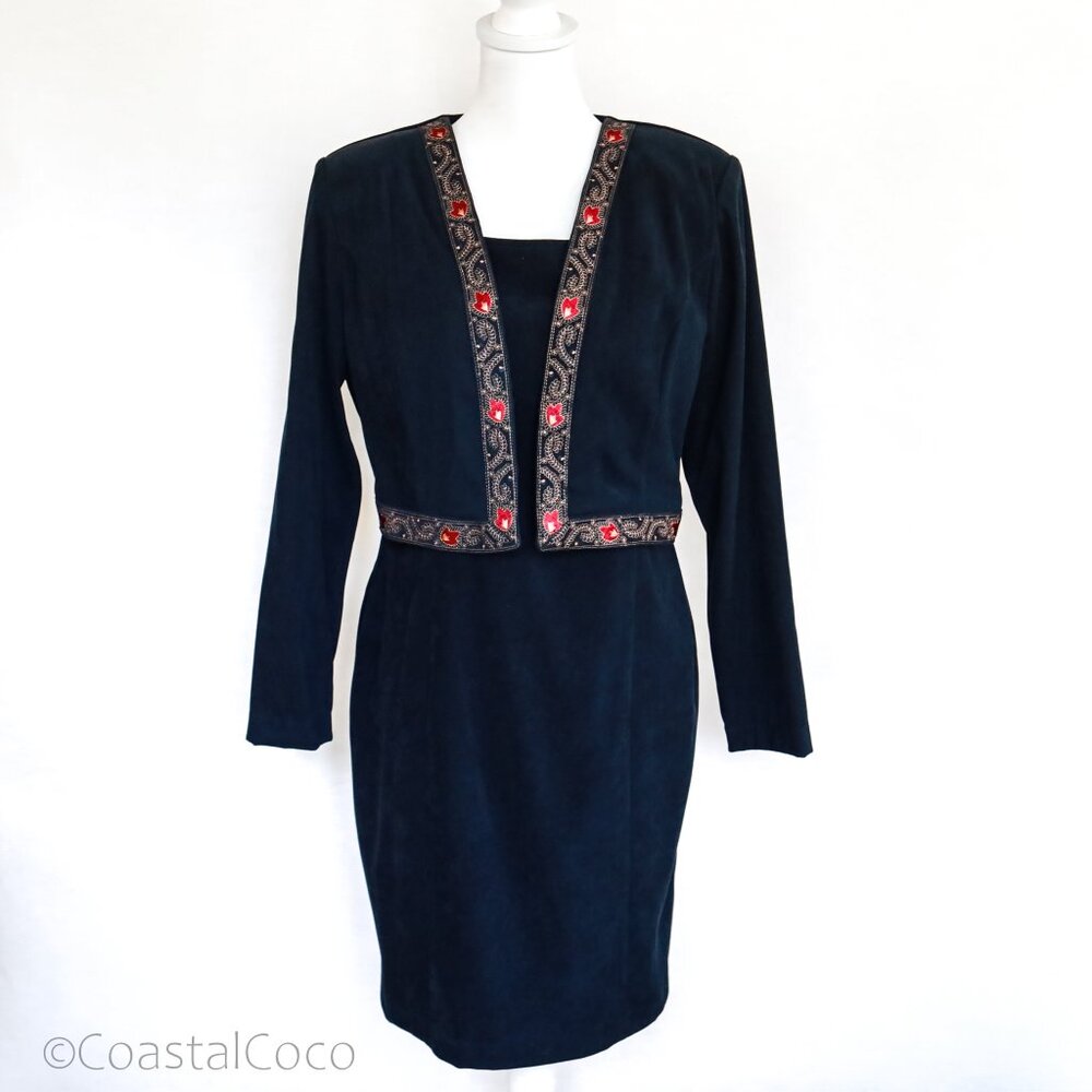 Vintage RJ&Co Dress Jacket Set 12P Micro Suede Floral Embroidered Career Office